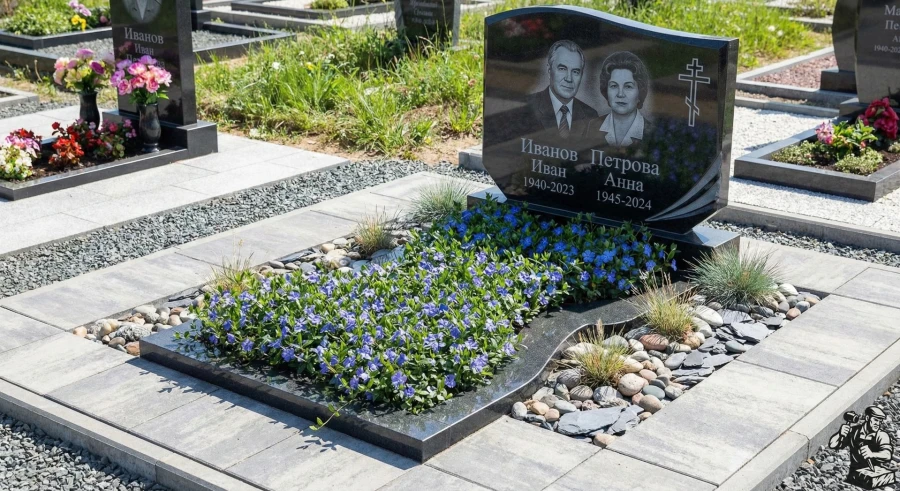 modern-granite-gravestone-with-vinca-minor-flowers